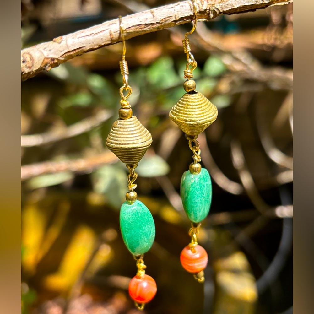 Handmade Vintage African Brass Bead and Stone Dangle Earrings